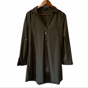 Love Tree Olive green long sleeve V-neck Shirt Dress Roll tab sleeves pockets L